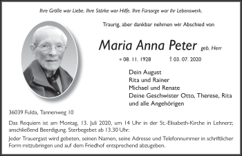 Traueranzeige von Maria Anna Peter von FZ