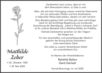Traueranzeige von Mathilde Zeber von FZ