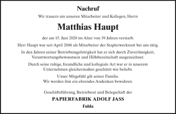 Traueranzeige von Matthias Haupt von FZ