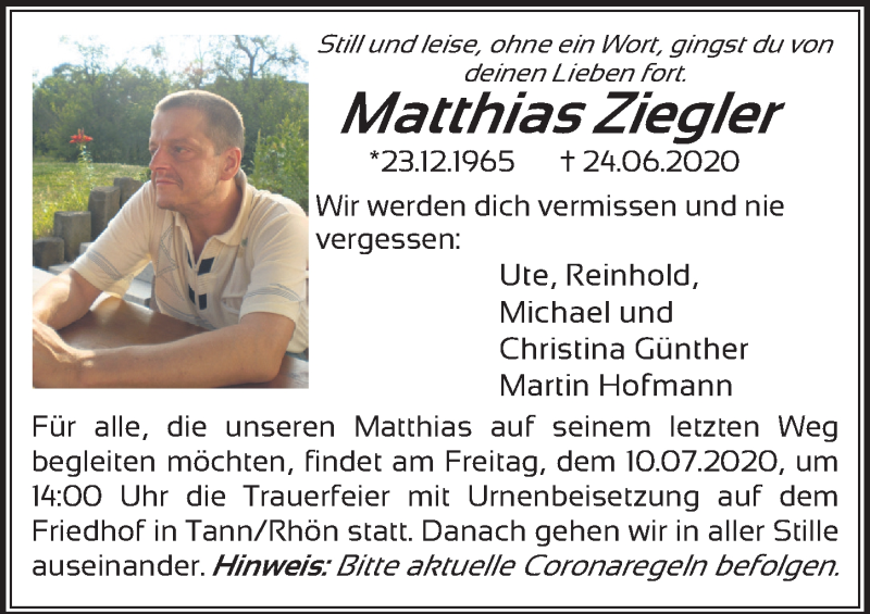  Traueranzeige für Matthias Ziegler vom 04.07.2020 aus FZ