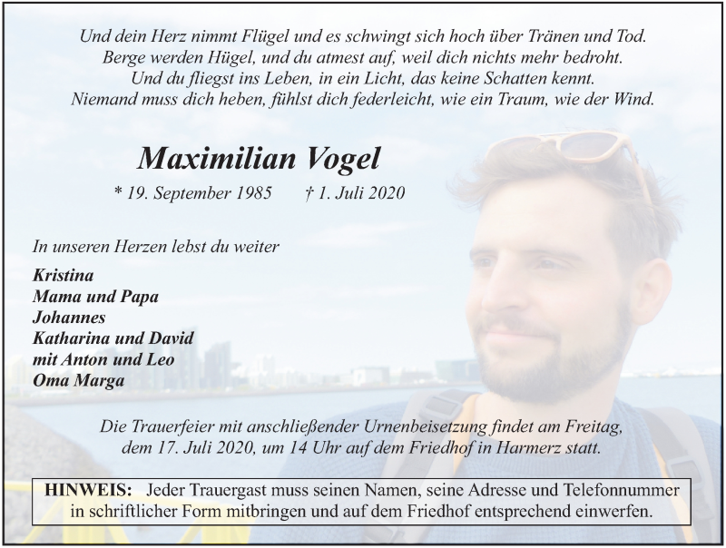  Traueranzeige für Maximilian Vogel vom 11.07.2020 aus FZ