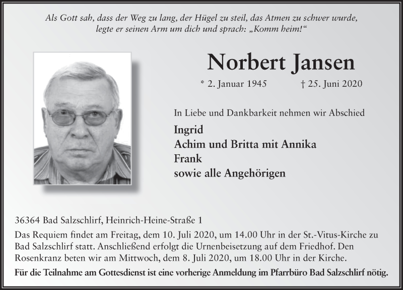 Traueranzeige für Norbert Jansen vom 06.07.2020 aus FZ