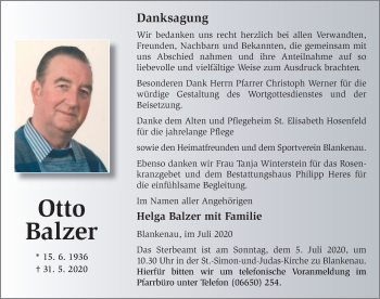 Traueranzeige von Otto Balzer von FZ