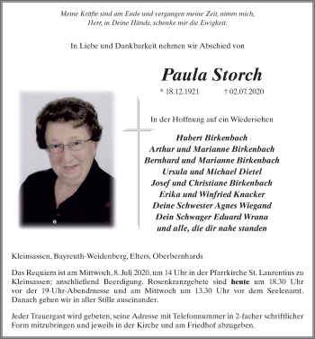 Traueranzeige von Paula Storch von FZ