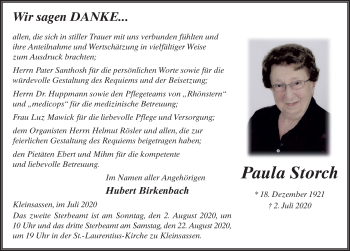 Traueranzeige von Paula Storch von FZ