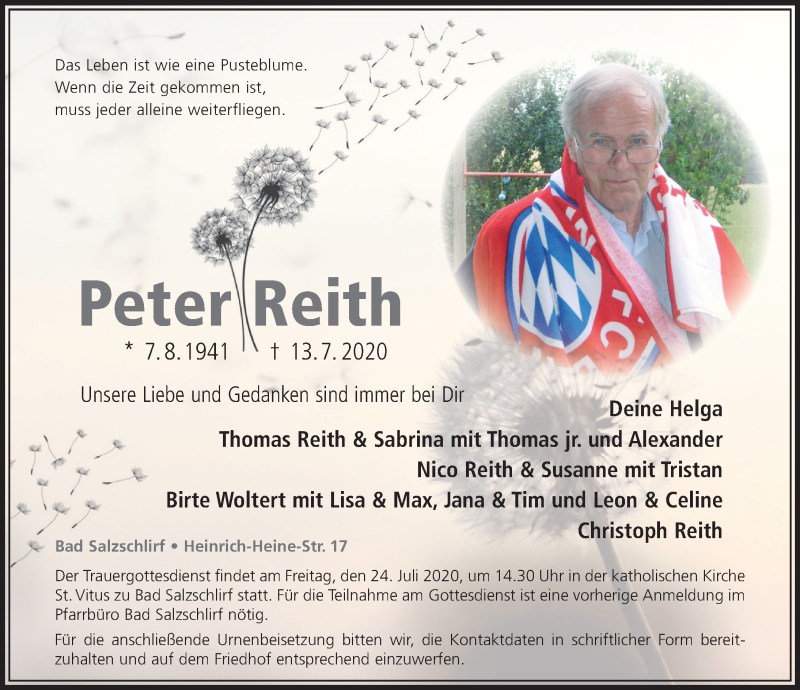  Traueranzeige für Peter Reith vom 18.07.2020 aus FZ