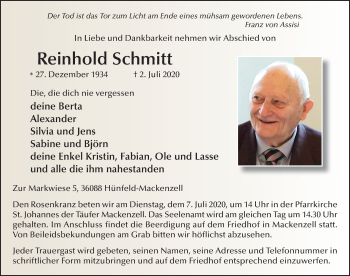 Traueranzeige von Reinhold Schmitt von FZ