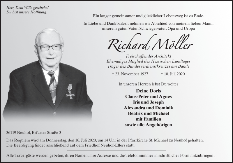  Traueranzeige für Richard Möller vom 14.07.2020 aus FZ