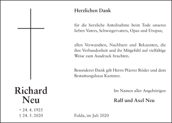 Traueranzeige von Richard Neu von FZ