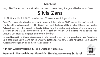 Traueranzeige von Silvia Zans von FZ