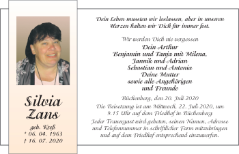 Traueranzeige von Silvia Zans von FZ