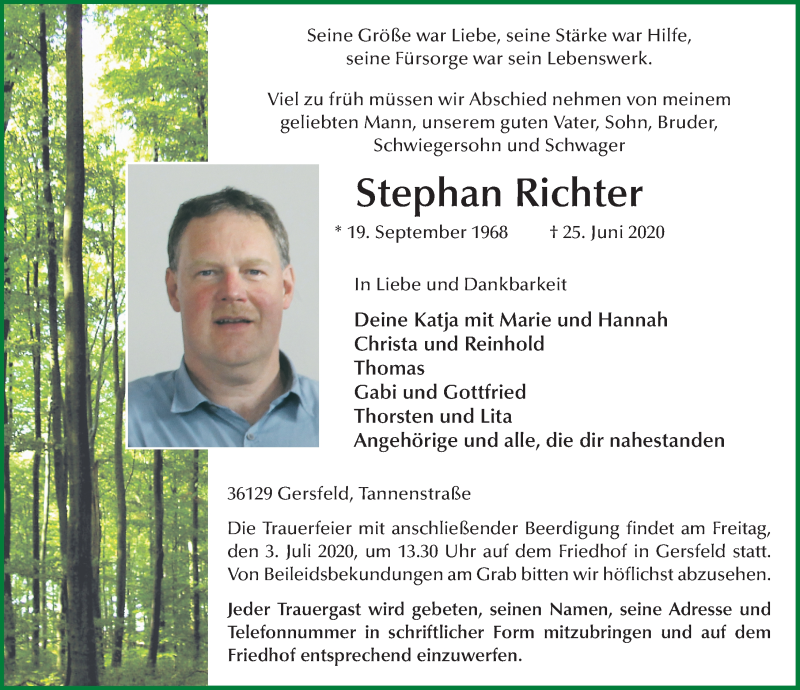  Traueranzeige für Stephan Richter vom 01.07.2020 aus FZ