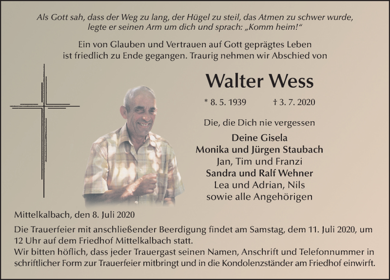  Traueranzeige für Walter Wess vom 08.07.2020 aus FZ