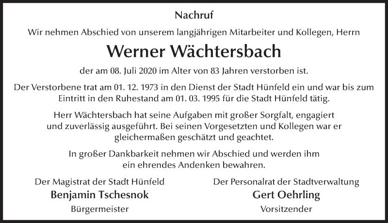  Traueranzeige für Werner Wächtersbach vom 11.07.2020 aus FZ