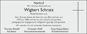 Traueranzeige von Wigbert Schratz von FZ