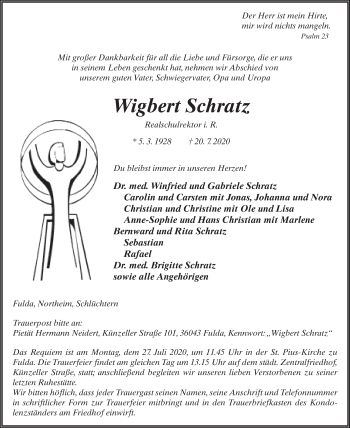 Traueranzeige von Wigbert Schratz von FZ