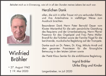 Traueranzeige von Winfried Brähler von FZ