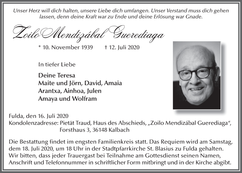  Traueranzeige für Zoilo Mendizabal Guerediaga vom 16.07.2020 aus FZ