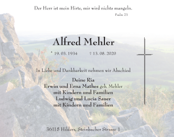 Traueranzeige von Alfred Mehler von FZ