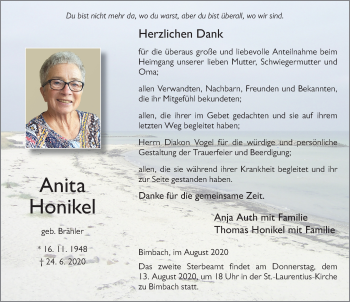 Traueranzeige von Anita Honikel von FZ