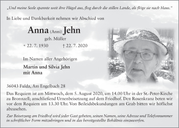 Traueranzeige von Anna Jehn von FZ