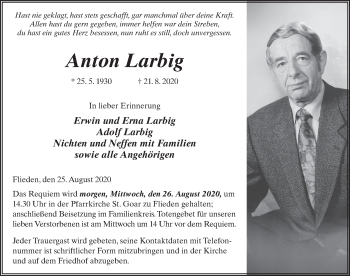 Traueranzeige von Anton Larbig von FZ