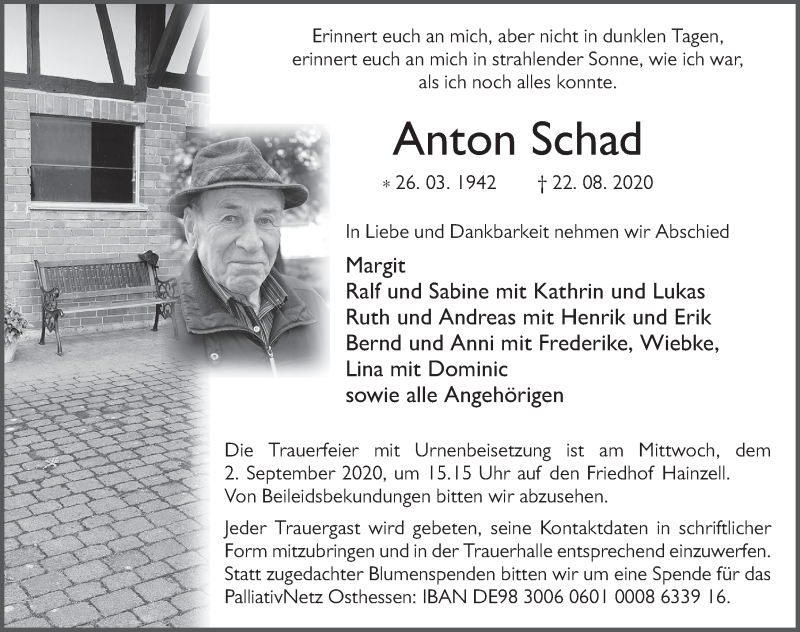  Traueranzeige für Anton Schad vom 29.08.2020 aus FZ