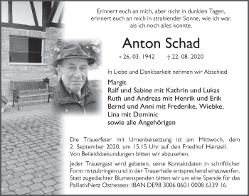 Traueranzeige von Anton Schad von FZ