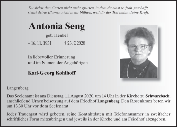 Traueranzeige von Antonia Seng von FZ