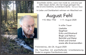 Traueranzeige von August Fehl von FZ