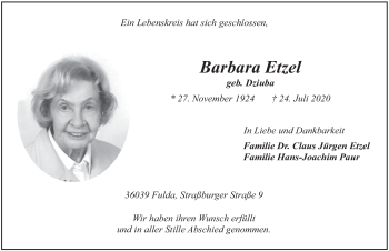 Traueranzeige von Barbara Etzel von FZ