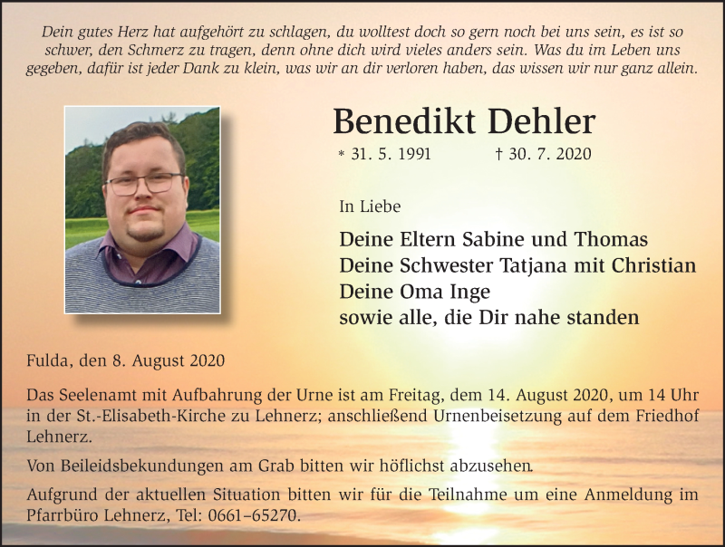  Traueranzeige für Benedikt Dehler vom 08.08.2020 aus FZ