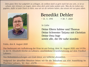 Traueranzeige von Benedikt Dehler von FZ