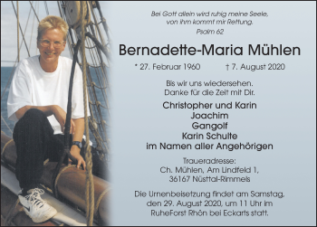 Traueranzeige von Bernadette-Maria Mühlen von FZ