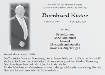 Traueranzeige von Bernhard Kister von FZ