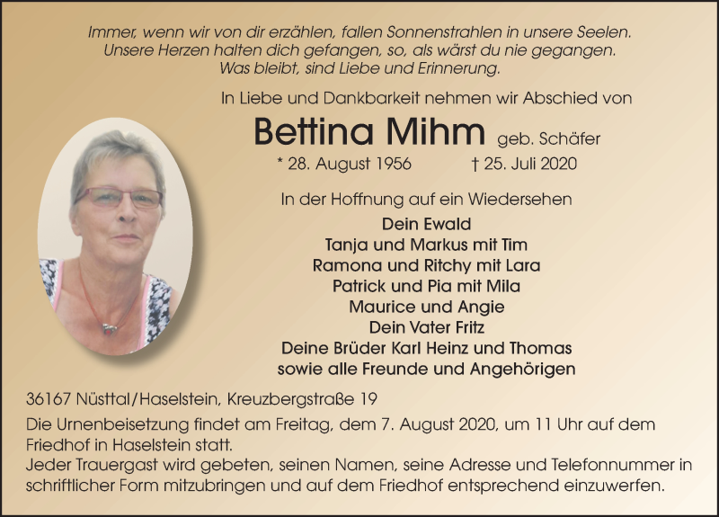  Traueranzeige für Bettina Mihm vom 04.08.2020 aus FZ