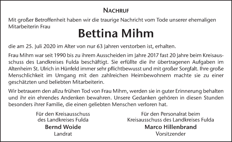  Traueranzeige für Bettina Mihm vom 04.08.2020 aus FZ
