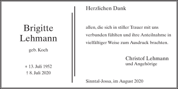Traueranzeige von Brigitte Lehmann von FZ
