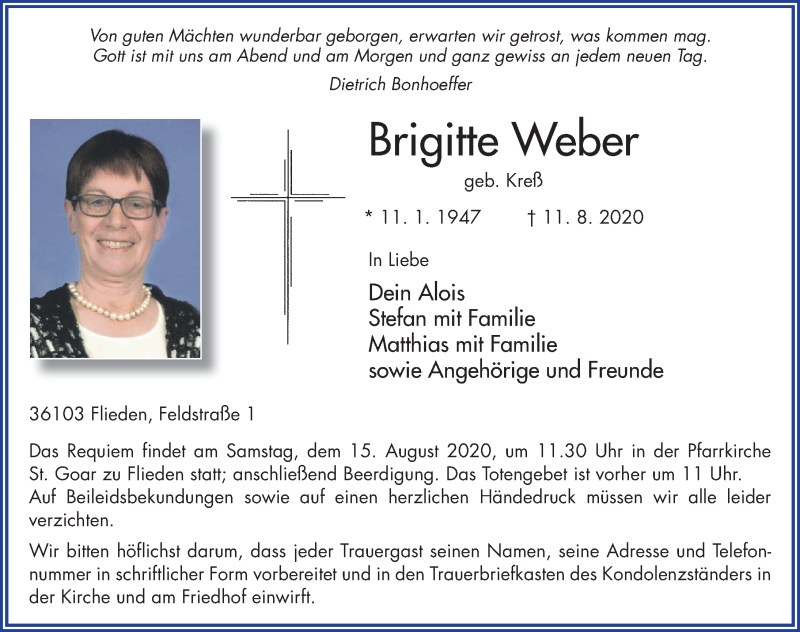  Traueranzeige für Brigitte Weber vom 13.08.2020 aus FZ