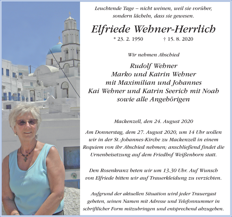 Traueranzeige für Elfriede Wehner-Herrlich vom 24.08.2020 aus FZ