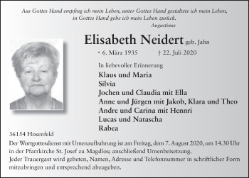 Traueranzeige von Elisabeth Neidert von FZ
