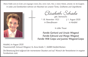 Traueranzeige von Elisabeth Schade von FZ