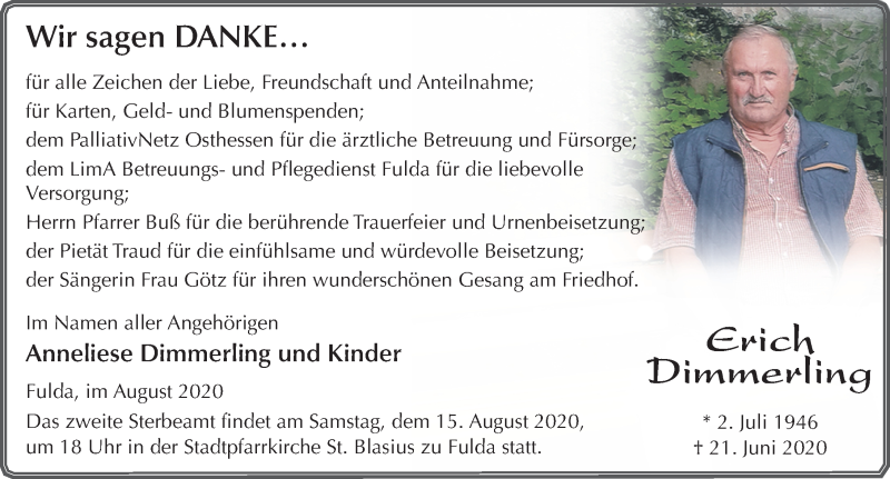  Traueranzeige für Erich Dimmerling vom 11.08.2020 aus FZ