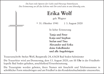 Traueranzeige von Erika Wolf von FZ