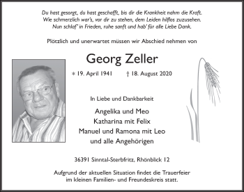 Traueranzeige von Georg Zeller von FZ