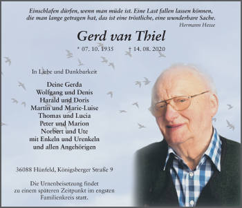 Traueranzeige von Gerd  van Thiel von FZ