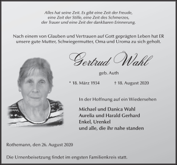 Traueranzeige von Gertrud Wahl von FZ