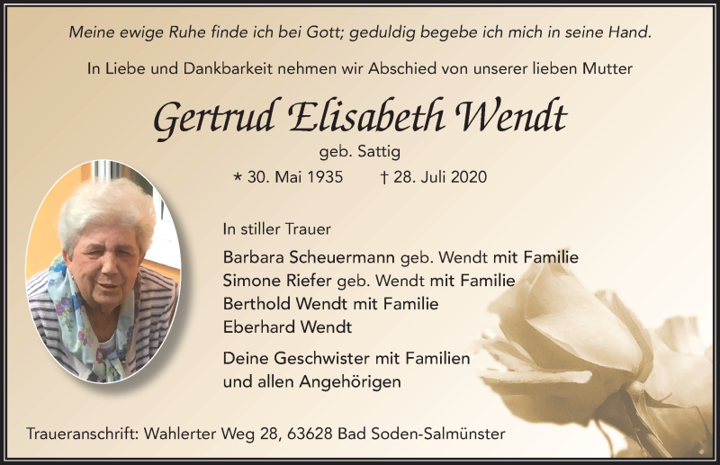  Traueranzeige für Gertrud Elisabeth Wendt vom 01.08.2020 aus FZ