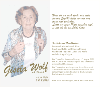 Traueranzeige von Gisela Wolf von FZ