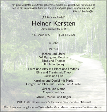 Traueranzeige von Heiner Kersten von FZ